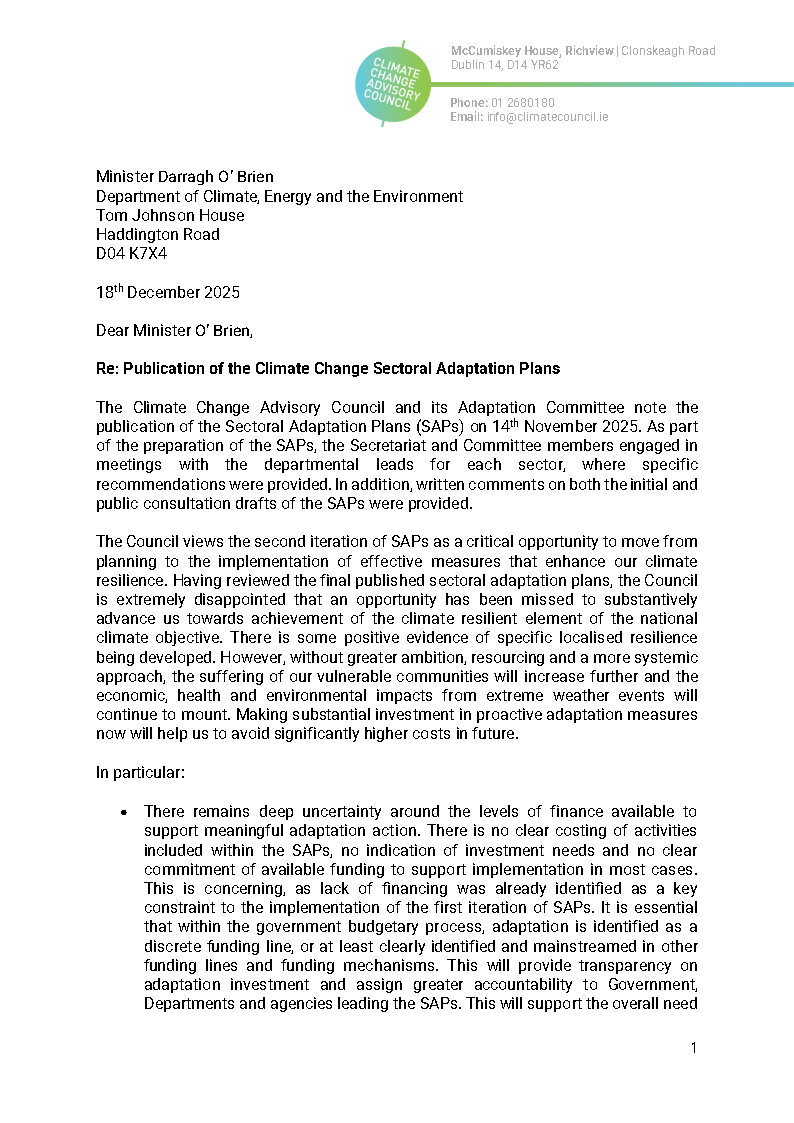 Letter to Minister O'Brien re Publication of the Climate Change Sectoral Adaptation Plans